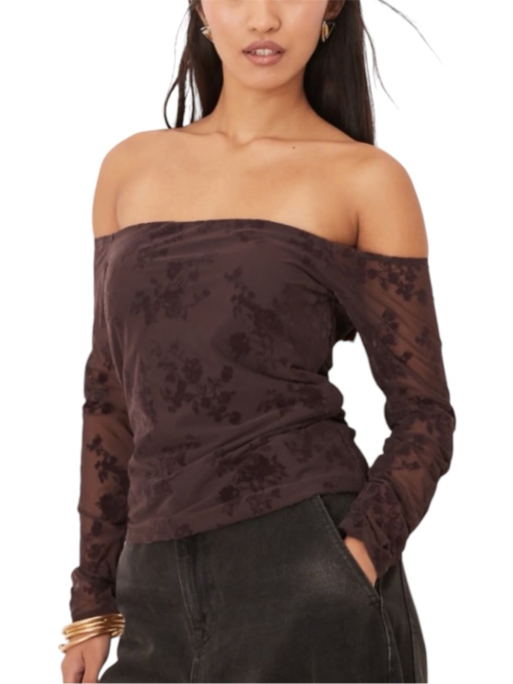 NWT Abercrombie & Fitch Bra Free Flocked Mesh Lace Off-The-Shoulder Top Size S